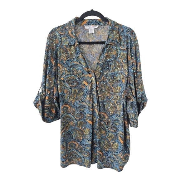 Rebecca Malone Blouse Women 2X Plus Geo Print Button Up Glitter Feminine - Picture 1 of 13